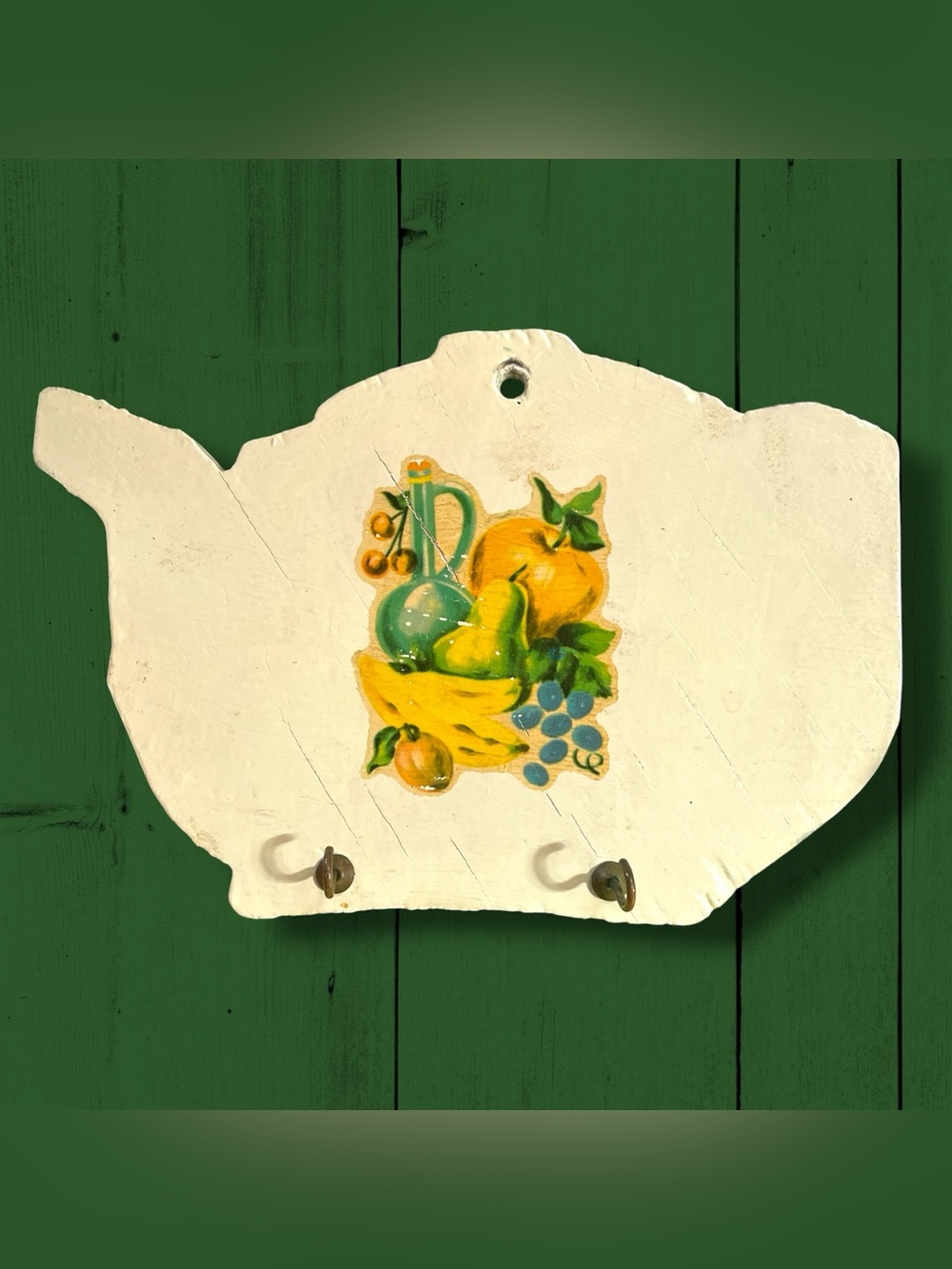 Vintage Wooden Key Rack Wall Hook Handmade Decoupage Fruit Cottagecore Grandma
